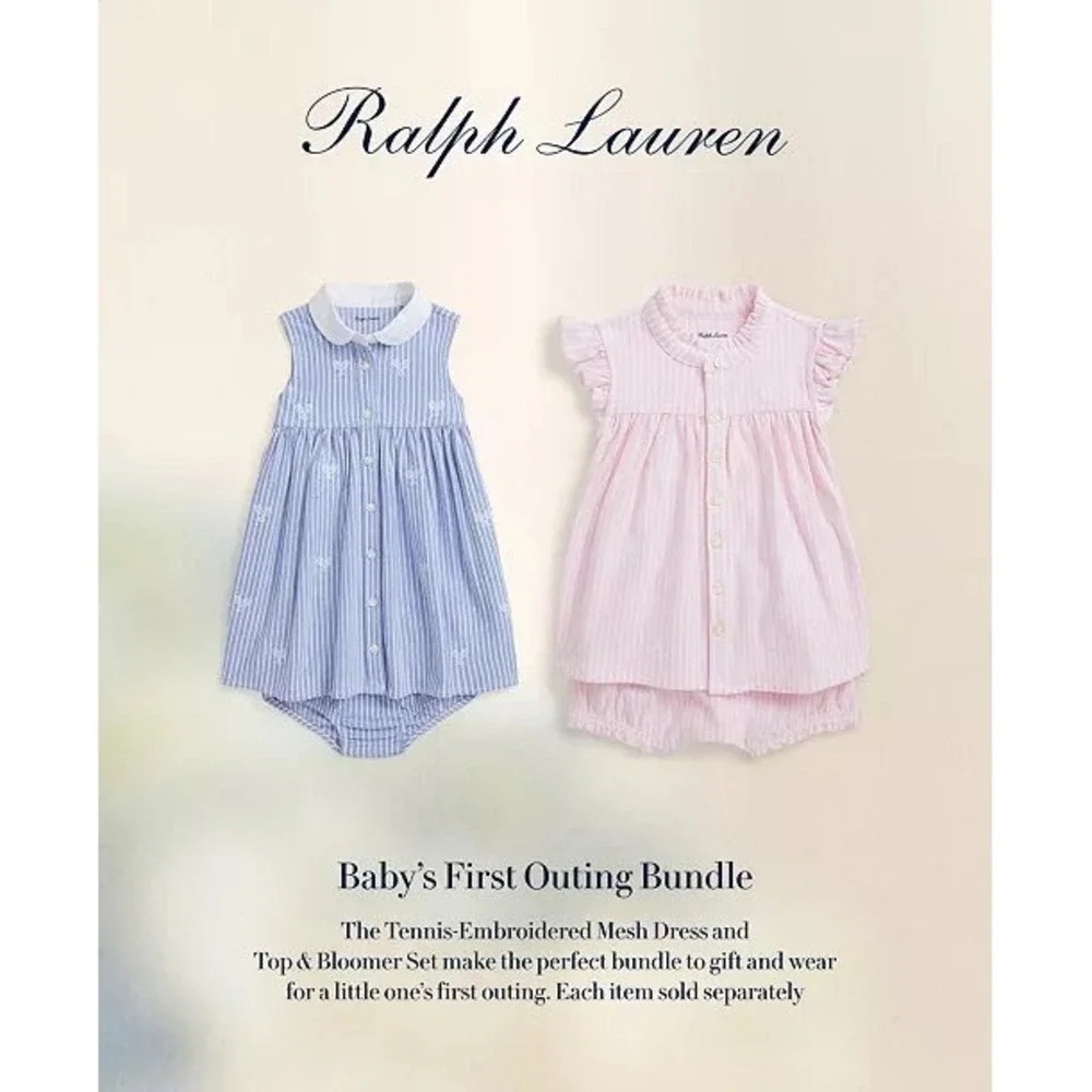 Ralph Lauren Baby Girls Pink White Stripe Tennis Bow Dress Bloomers‎ Set 24M NWT